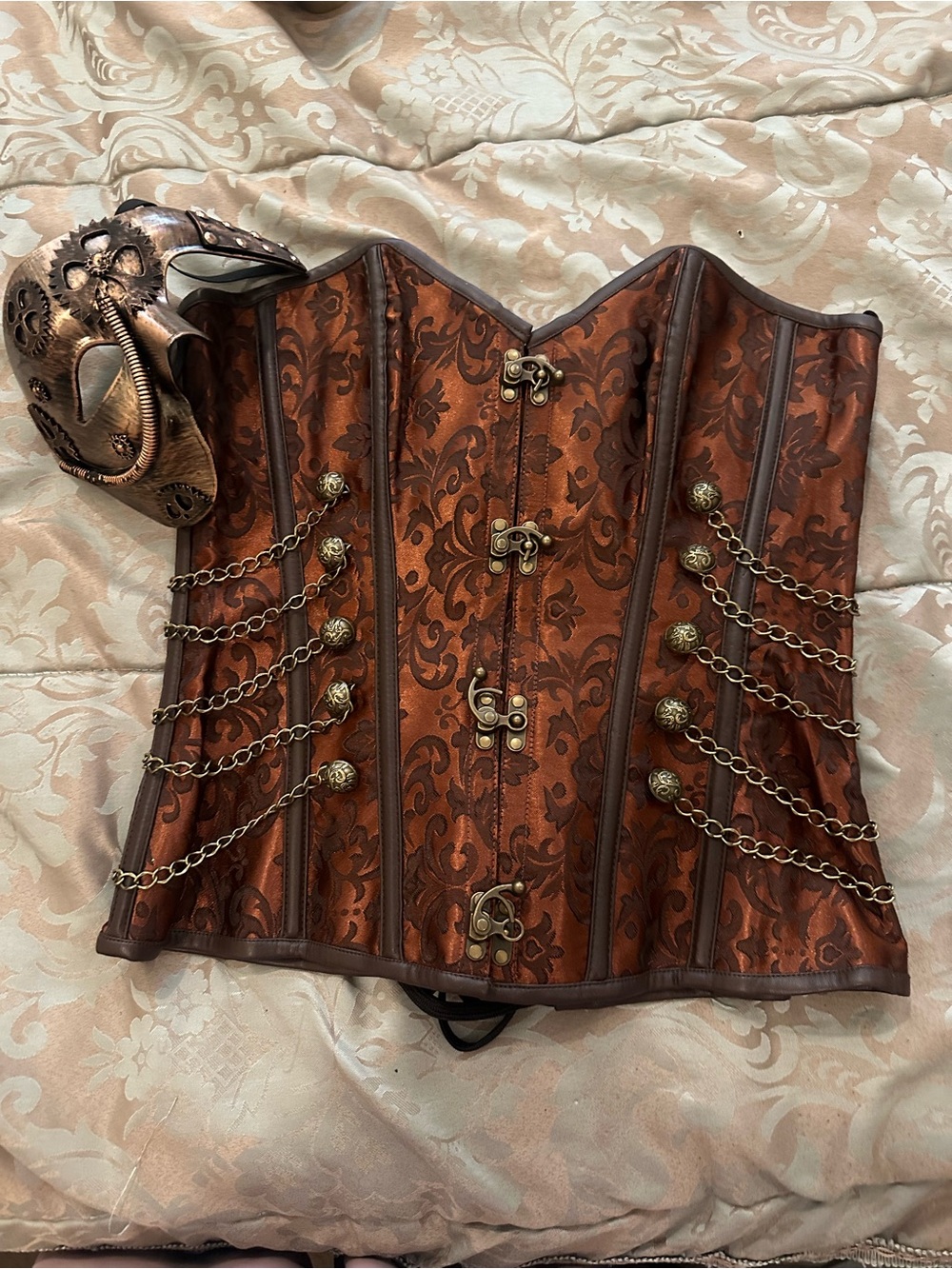 Vintage-Inspired Brown Brocade Steampunk Corset with Chains and matching mask